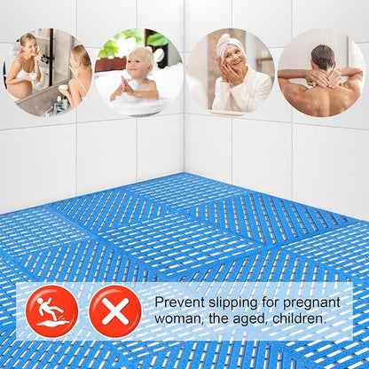 Modular Interlocking Cushion 12 Pack 11.8" x 11.8" Rubber Floor Tiles Non-Slip Splicing Drainage Mats for Deck, Pool, Shower, Patio, Balcony, Bathroom, Kitchen, Yard (Diagonal, Blue)