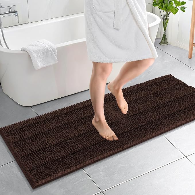 OLANLY Thick Bathroom Runner Rugs 59x20, Chenille Long Bath Rugs, Brown | Soft Absorbent Striped, Rubber Backing, Machine Wash, Bath Mats for Bathroom Floor, Tub and Shower, Home Decor Accessories