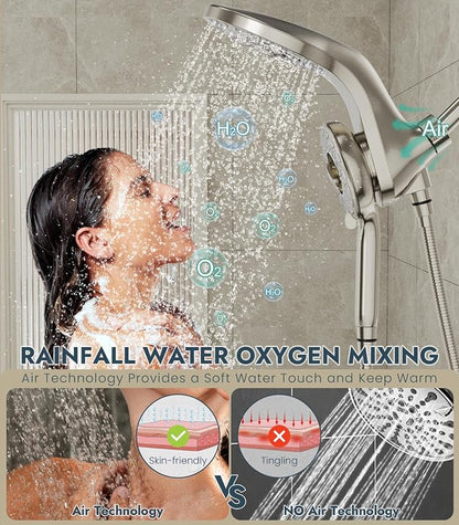 Dual Shower Heads with Handheld Spray Combo, High Pressure 2 in 1 Rainfall Shower Heads with 9 Spray Modes, Magnetic Double Showerhead, Brushed Nickel