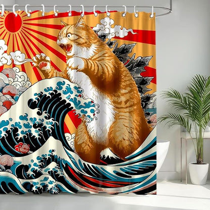 Funny Japanese Cat Shower Curtain, Vintage Orange Cat Japan Anime Ocean Wave Waterproof Shower Curtain with Hooks, Funky Animal Sun Fabric Shower Curtains Kids Bathroom Decor 60X72inches