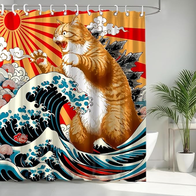 Funny Japanese Cat Small Stall Shower Curtain, Vintage Orange Cat Japan Anime Ocean Wave RV Half Size Narrow Shower Curtain with Hooks, Funky Animal Sun Kids Bathroom Decor 48X72inches