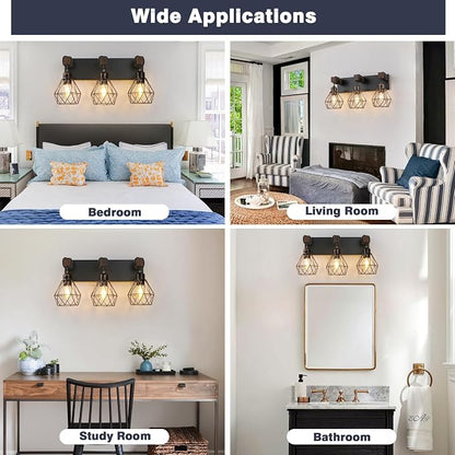 maesta Bathroom Vanity Light, 3 Light Farmhouse Fixture Over Mirror | Farmhouse Bathroom Light Fixtures, Wood & Metal, Black Gold, Anti-Rust Easy to Install for Rustic Bathroom Hallway