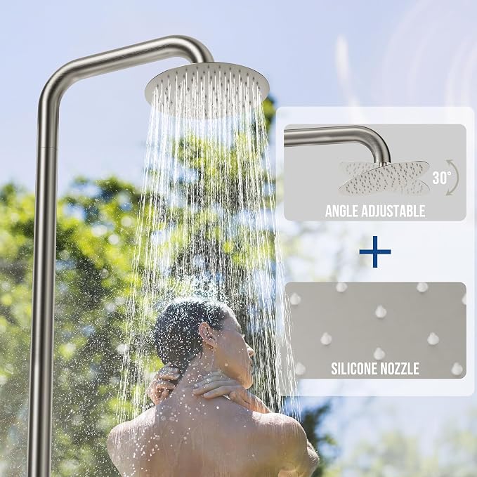 Freestanding Outdoor Shower Faucet Set, 316 Marine Grade Stainless Steel Outside Shower System for Backyard/Garden/Poolside/Beach,Outside Shower Faucet with Rain Shower Head & Handheld,Brushed Nickel