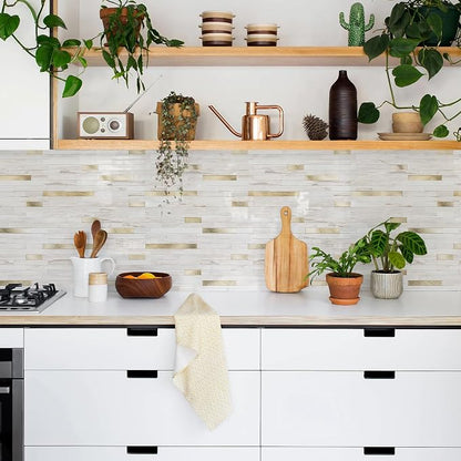 STICKGOO 2 Sheets Peel and Stick Backsplash Tile, Stick on Backsplash for Kitchen and Bathroom, Glossy Eurasian Wood Grain PVC Mixed Metal Gold Self Adhesive Wall Tiles