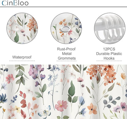 Colorful Boho Flower Girly Wildflower Floral Bathroom Shower Curtain Set | 60"W x 72"H Plants Botanical; waterproof HD print, quick-dry fabric and plastic hooks for easy setup.