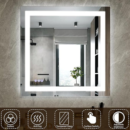 VooBang Bathroom Mirror with Lights 47 x 47 inches - 3 Adjustable Lighting Modes Square LED Bathroom Vanity Mirror, Anti-Fog, Memory Function, Tempered Glass, Wall Mounted Horizontally Vertically