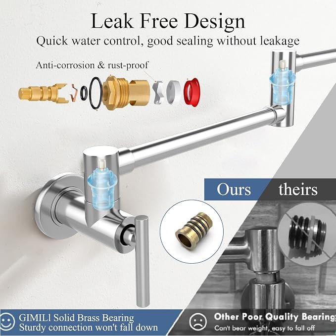 Faucets with Wall Mount Double Joint Swing Arms - Leak Free Design with High-Flow Aerators - Retractable & Folding for Space Saving