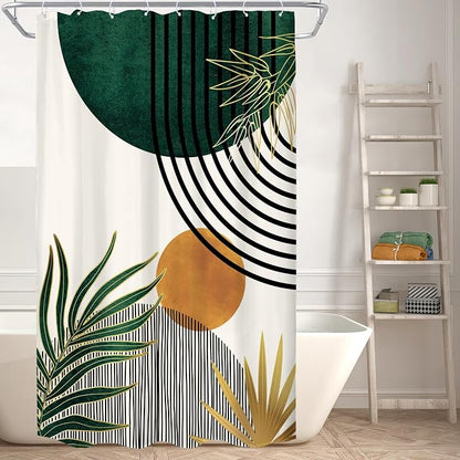 KOMLLEX Mid Century Green Boho Abstract Modern Bathroom Shower Curtain Set | 48Wx72L Plant Botanical Palm Leaves Design, Waterproof Hd Print With Fast-Drying Fabric and 12 Hooks