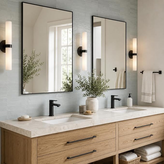 2-Pack 24"x36" Matte Black Framed Bathroom Vanity Wall Mirrors | Taller Vanity Pair, Balanced Twin-Sink Look, Matching Finish Across Rooms, Vertical/Horizontal Hanging, Tempered Glass