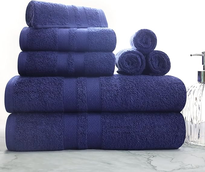 Superior Ultra-Soft 8-Piece Cotton Towel Set, Includes 2 Bath Towels, 2 Hand Towels, and 4 Washcloths, Daily Use Towels for Home, Bathroom, Guest Bath Room, Essential Quick Dry - Navy Blue