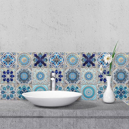 DICOFUN 32 Moroccan Tile Peel and Stick Backsplash, 6" x 6" Waterproof Mandala Stick on Wall Tiles (Style 1)