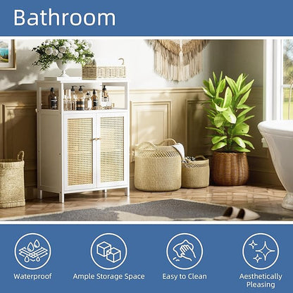 HITNET Bamboo Cabinet, Rattan Storage Cabinet with Doors, Freestanding Floor Cupboard for Bathroom, Living Room, Hallway, White