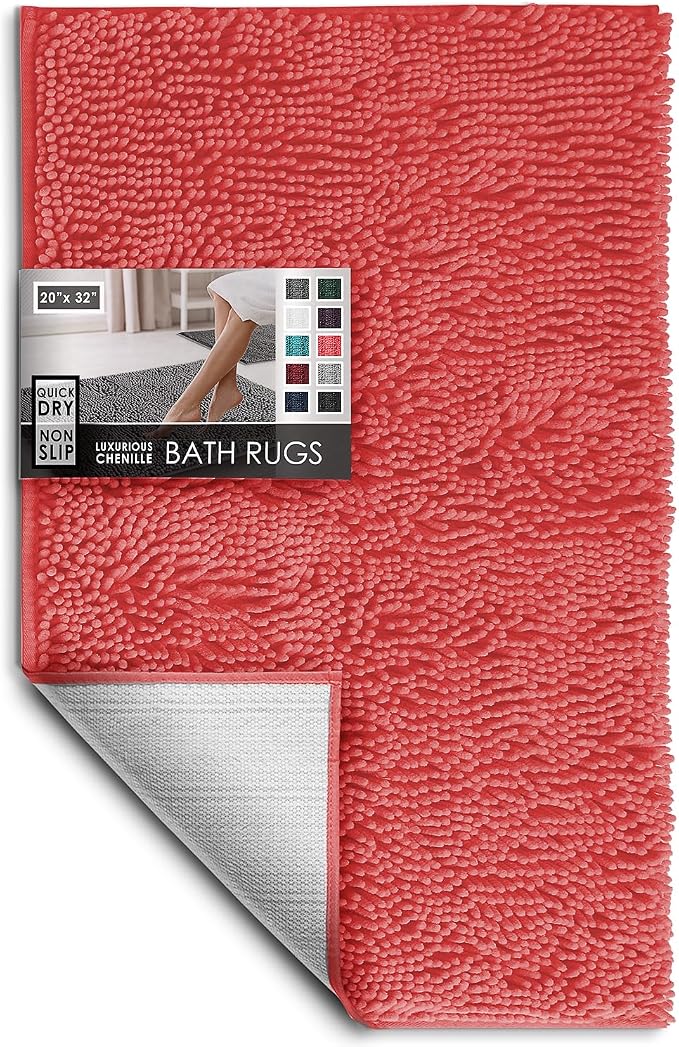 Hearth & Harbor Bathroom Rugs, Chenille Bath Mat - Machine Washable Bath Mats for Bathroom Non-Slip Backing Rubber, Quick Dry Bathroom Mat - Rose Bath Rug, 20x32