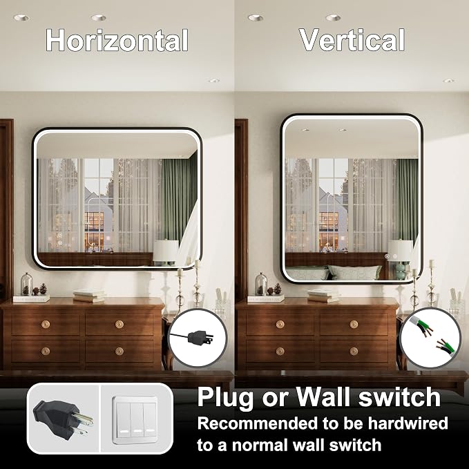 36"x30" Black LED Bathroom Mirror with 3000K/4500K/6000K Lights | Stepless Dimmable, Anti-Fog, Memory Function, Aluminum Frame Wall Mount Lighted Vanity Mirror, ETL Listed, IP54 Waterproof