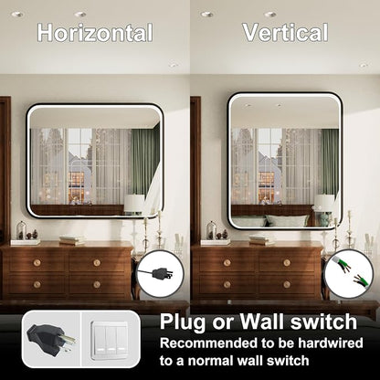 36"x30" Black LED Bathroom Mirror with 3000K/4500K/6000K Lights | Stepless Dimmable, Anti-Fog, Memory Function, Aluminum Frame Wall Mount Lighted Vanity Mirror, ETL Listed, IP54 Waterproof