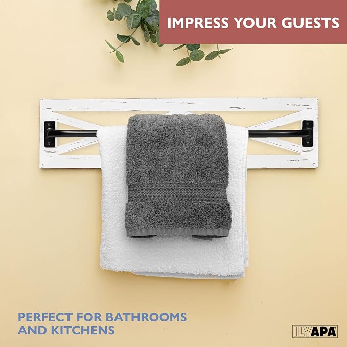 Ilyapa Towel Bar, TP Holder & Towel Ring Set, White Wood, Black Metal | Bar Accents, Wall Mounted Design, Farmhouse Bathroom Décor, Includes Mounting Hardware