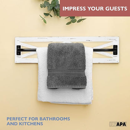 Ilyapa Towel Bar, TP Holder & Towel Ring Set, White Wood, Black Metal | Bar Accents, Wall Mounted Design, Farmhouse Bathroom Décor, Includes Mounting Hardware