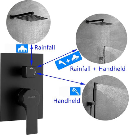 SHAMANDA Brass Rainfall Shower System, Luxuly Bathroom Shower Faucet Combo Set Matte Black (Including Rough-In Valve Body and Trim), L7001-7