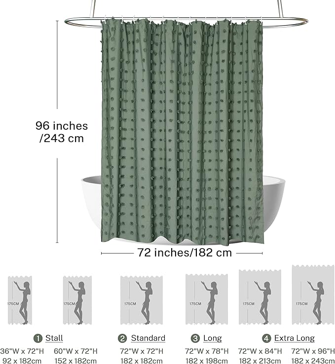 Extra Long Green Boho Shower Curtain Woven Fabric Cute Shower Curtain, 72 x 96 Tufted Pleat Floral Puffs Textured Modern Farmhouse Minimalist Shower Curtain Set with Hooks for Bathroom