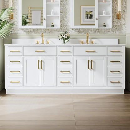 84-Inch Bathroom Vanity with Double Sinks W/ 4 Doors & 12 Drawers & 2 Flip Drawers, White Vanity W/Brushed Gold Handles
