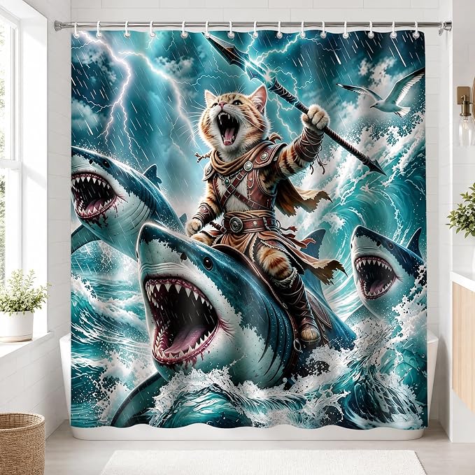 Funny Cat Shower Curtain, Fun Cartoon Shark Riding Bath Curtain | 72x72 Inches, Waterproof Polyester Fabric, Ocean Themed Bathroom Decor for Teens, Includes 12 Hooks, Grey Blue Design