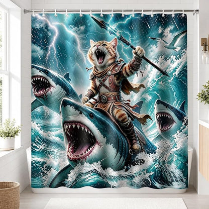 Funny Cat Shower Curtain, Fun Cartoon Shark Riding Bath Curtain | 72x72 Inches, Waterproof Polyester Fabric, Ocean Themed Bathroom Decor for Teens, Includes 12 Hooks, Grey Blue Design