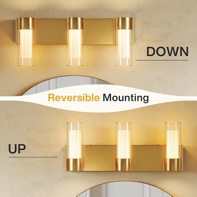 Tribesigns LED Bathroom Light Fixtures, 3-Light Vanity Lights Over Mirror, Wall Lights with 3 Color Modes & Gold Finish, Wall Sconces with Clear Glass Shades for Bathroom Hallway Bedroom