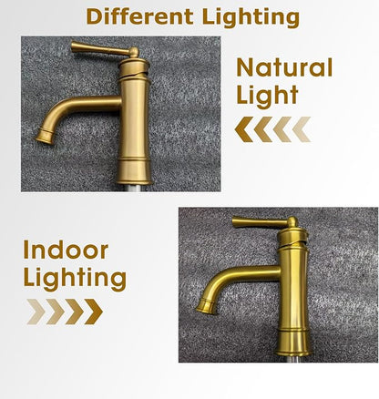 Single Hole Bathroom Faucet,Bathroom Sink Faucet 1hole,Gold Bathroom Faucet | Brushed Gold Bathroom faucet,Brass Bathroom Faucets,With Pop Up Drain and 2 Supply Hose for Vanity,Lavatory RV Farmhouse