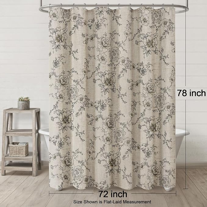 Farmhouse Floral Vintage Shower Curtain for Bathroom, Black and Tan Taupe | 72" W x 78" L, Elegant Boho Pattern Bath Curtain,Linen Fabric