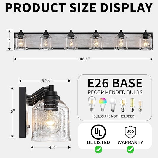 Vanity Lights for Bathroom Large 48 inch, Farmhouse Rustic Vanity Light with Bubble Glass Shades, Gray 6 Light Bathroom Lighting Fixtures Over Mirror, Bath Wall Sconce Home Decor