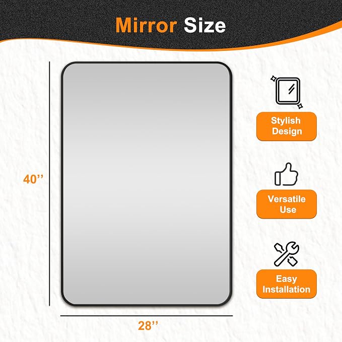 Bathroom Vanity Mirror, Black Framed Mirror for Over Sink, 40x28 | HD glass, distortion-free for makeup and grooming, Sturdy frame, all mounting hardware, hangs horizontal or vertical