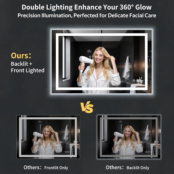 55"x36" LED Bathroom Mirror with Lights, Backlit+Frontlit, Anti-Fog | CRI 95, Stepless Dimmable, 3 Colors Lighting, Shatterproof Tempered Glass, HD Reflection, Memory, (Horizontal/Vertical)
