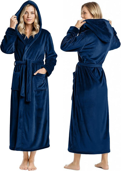 NY Threads Women's Fleece Hooded Bathrobe Plush Long Spa Robe, Medium