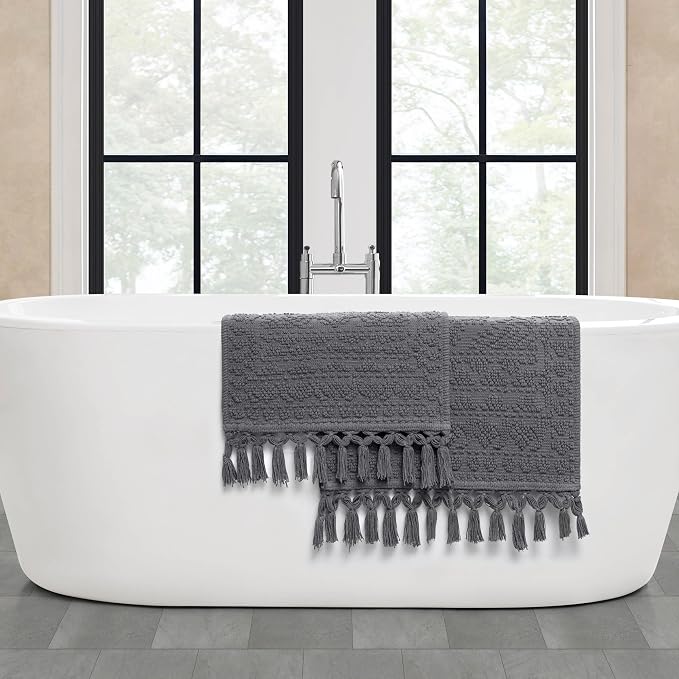 French Connection Nellore Bathroom Rugs, Set of 2 Woven and Beaded Bathroom Mats, Durable Bath Rugs, Thick Bath Mats for Bathroom and Shower Rugs, 17" x 28" and 20" x 38", Charcoal