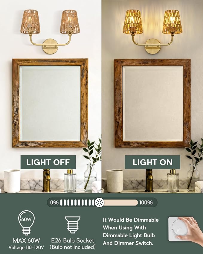 2-Light Brushed Gold Bathroom Vanity Light, Handwoven Rattan Shades | Ideal for 20-28" mirrors, 17" double wall sconce, upward only, E26 base, hardwired, bulbs not included, VL837-BG-RA-2-S