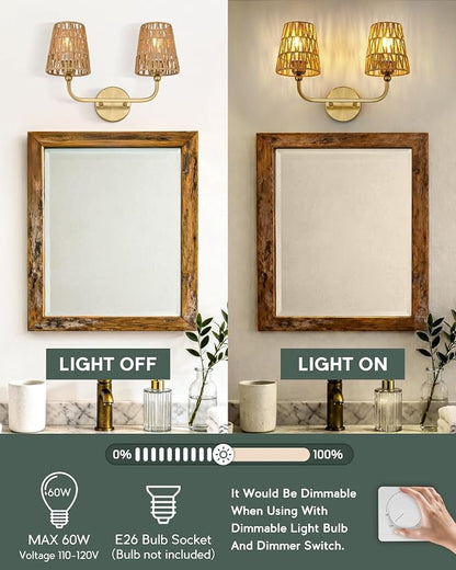 2-Light Brushed Gold Bathroom Vanity Light, Handwoven Rattan Shades | Ideal for 20-28" mirrors, 17" double wall sconce, upward only, E26 base, hardwired, bulbs not included, VL837-BG-RA-2-S