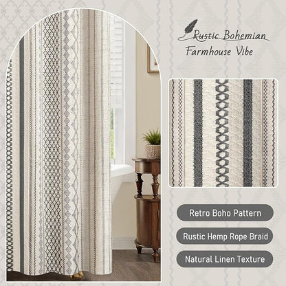 Grey Boho Shower Curtain for Bathroom,Beige Linen with Striped Print and Twine-Inspired Woven Center,72" W x 72" L