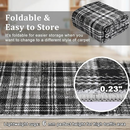 Tartan Plaid Washable Runner Rug 2.5x12 Non Slip Kitchen Rugs Modern Indoor Entryway Rug Soft Bath Mat Stain Resistant Carpet for Bedroom Hallway Laundry Black