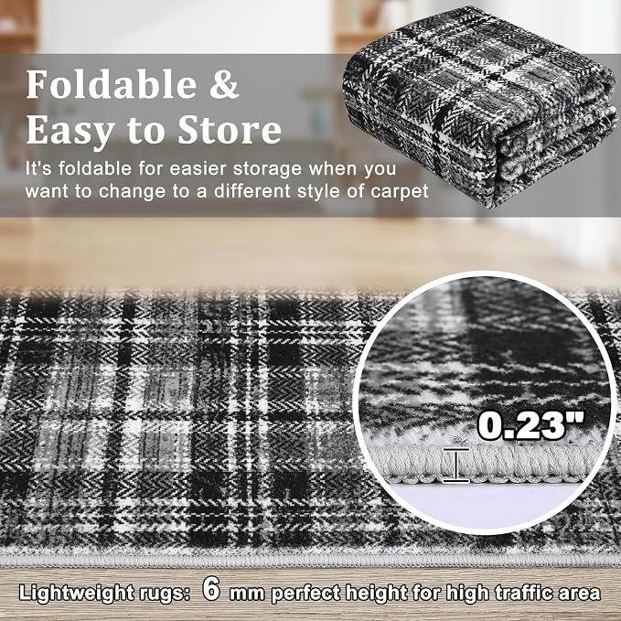 Tartan Plaid Washable Round Rugs 4ft, Non-Slip Soft Ultra-Thin, Small Round Rug Circle Stain Resistant Low Pile Carpet for Entryway Kitchen Bedroom Nursery Bathroom, Black