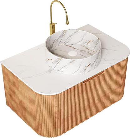 30'' Floating Vanity with Sink Combo, Modern Wall-Mounted Curved Edges Striped Bathroom Storage Cabinet with Soft-Close Drawer and White Stone Pattern Basin, Natural Walnut