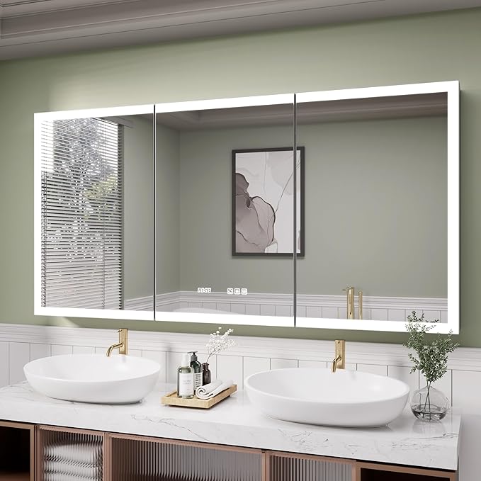 LED Medicine Cabinet Mirror, 60x30 Inch Bathroom Storage, Recessed/Wall Mount, Plug-in/Hardwired, 3 Color Dimmable Light, Anti-Fog, Time Temp Display