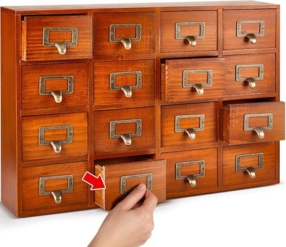 Qinyoung 16 Drawers Apothecary Cabinet Library Card Catalog Cabinet Tabletop Vintage Apothecary Chests Cabinets Rustic Herb Storage Box with Drawers Wooden Desk Drawer Organizer Medicine Furniture
