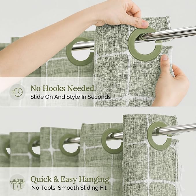 RiverDream Farmhouse No Hooks Shower Curtain with Snap-in Liner,Green,71x74 | Snap on Fabric Liner,Heavy Duty,Quick Dry,With Bottom Magnets,Washable,with Tassels, Rustic Boho Farmhouse,Standard Size