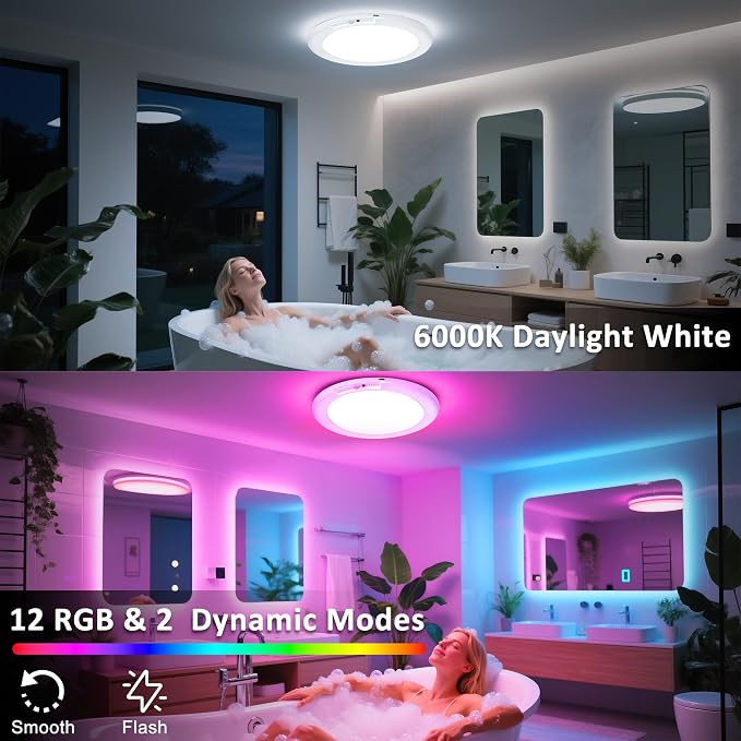 maylit 2 Pack Rechargeable Shower Lights with Motion Sensor | RGBW Waterproof Wireless Ceiling Lights for Bathrooms, Showers and Indoor Spaces