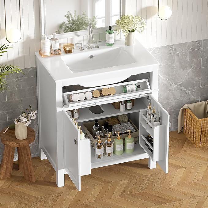 30 Inch Bathroom Vanity with Sink, Bathroom Vanities 30" with Sink, 30 in Vanity with Sink for Bathroom, Restroom Vanity with Sink, Flip Drawer, Cabinet and Door Shelves (White)