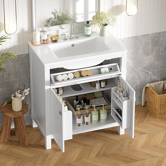 30 Inch Bathroom Vanity with Sink, Bathroom Vanities 30" with Sink, 30 in Vanity with Sink for Bathroom, Restroom Vanity with Sink, Flip Drawer, Cabinet and Door Shelves (White)