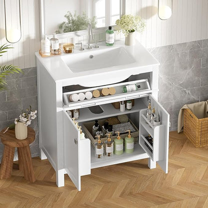 Favfurish 30" Bathroom Vanity with Ceramic Sink,Undermount Single Basin Bath Vanity Set w/1 Flip-Out Drawer and 2 Soft-Close Doors,Modern Solid Wood Storage Cabinet w/Adjustable Shelf,White