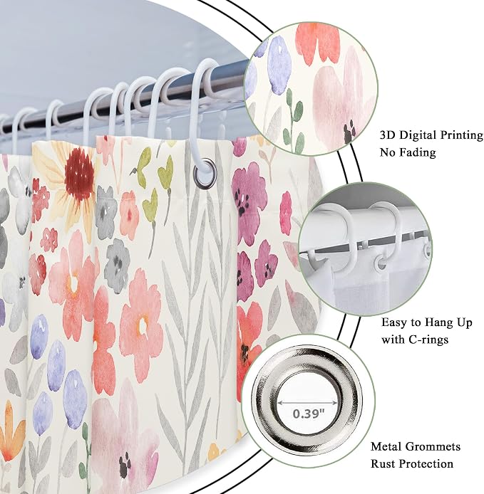 Small Stall Narrow Floral Watercolor Cute Girly Bathroom Shower Curtain Set | 48"W x 72"H Plants Boho; waterproof HD print, quick-dry fabric with 12 hooks for easy hanging.