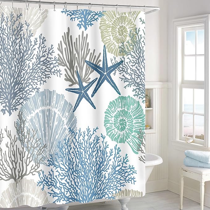 Nautical Coastal Shower Curtain, Beach Ocean Theme Shower Curtain for Bathroom Decor, Summer Tropical Seashell Starfish Coral Fabric Shower Curtain Set with Hooks, Blue, 72x72