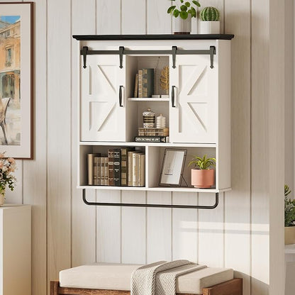 IRONCK Bathroom Wall Cabinet, Farmhouse Medicine Cabinet with Sliding Barn Door and LED Lights, Storage Cabinet Wall Mounted with Adjustable Shelves & Towel Bar for Bathroom, Kitchen, White